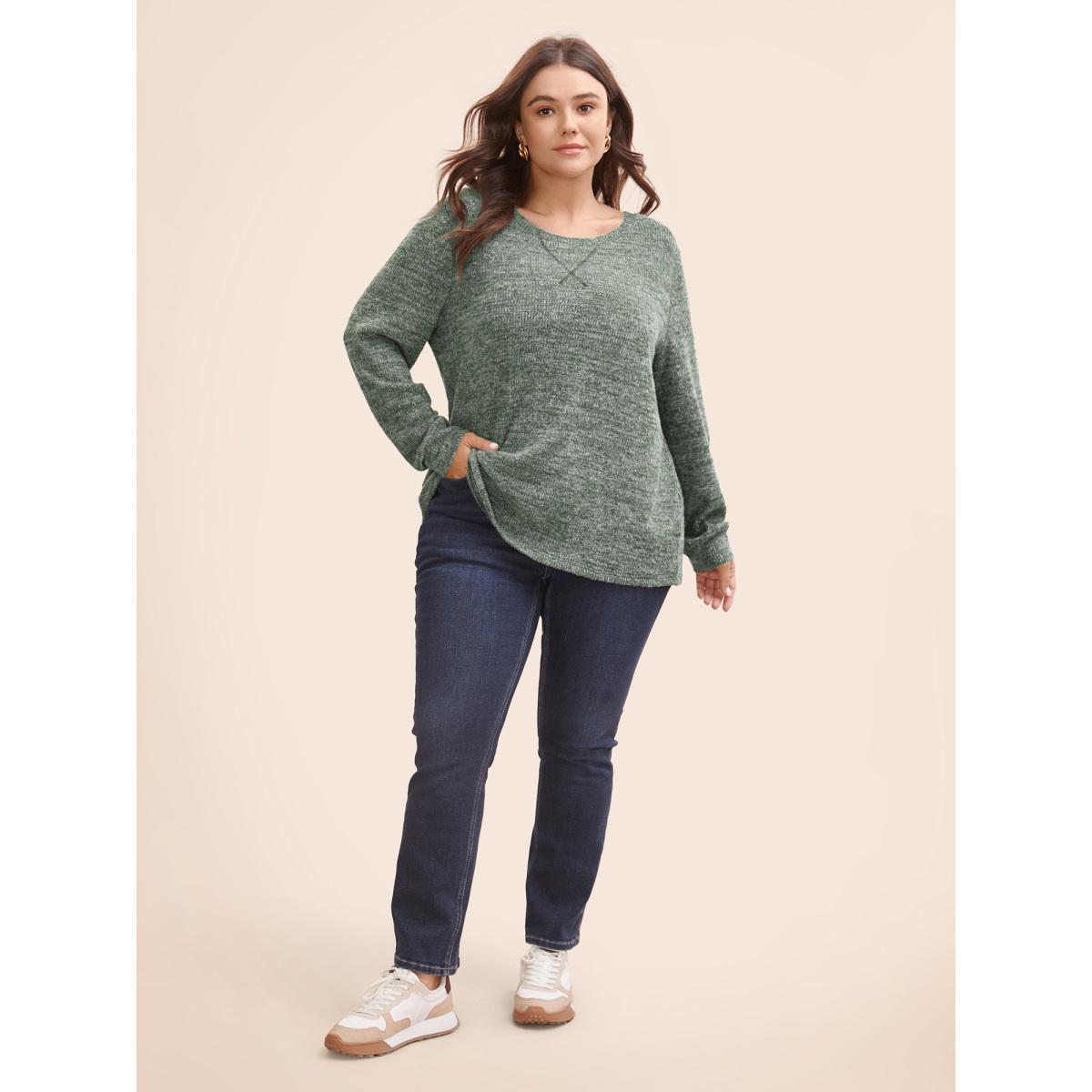 Plus Size Solid Heather Round Neck Stitch Sweatshirt Women DarkGreen Casual Topstitching Round Neck Everyday Sweatshirts BloomChic 10/M Product Image