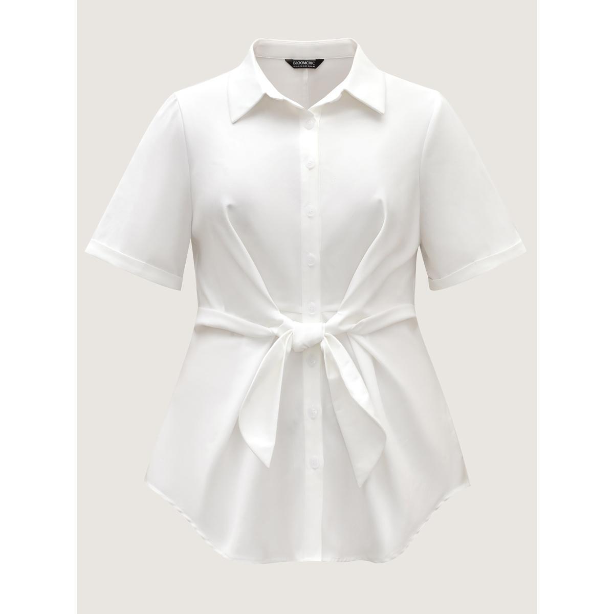 Plus Size Originalwhite Knotted Front Asymmetrical Hem Blouse Women Short sleeve Shirt collar Work Blouses BloomChic 10/M Product Image