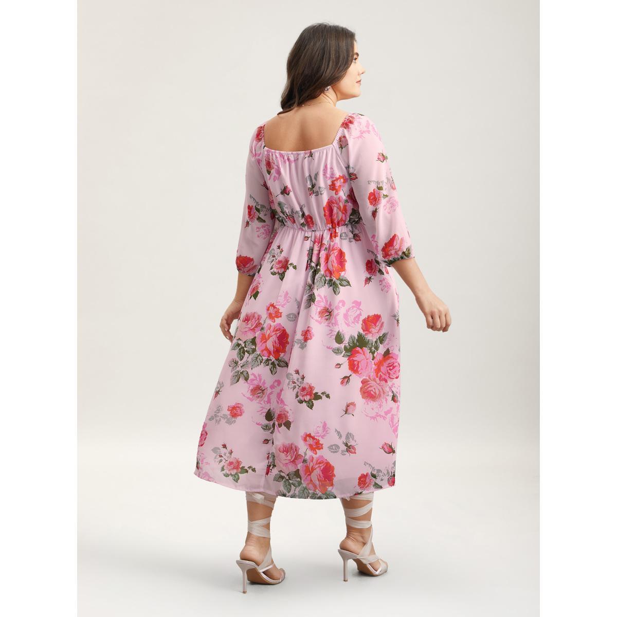 Plus Size Rosy Print Pockets Pleated Midi Dress MistyRose Women Elegant Gathered V-neck Elbow-length sleeve Curvy BloomChic 10/M Product Image