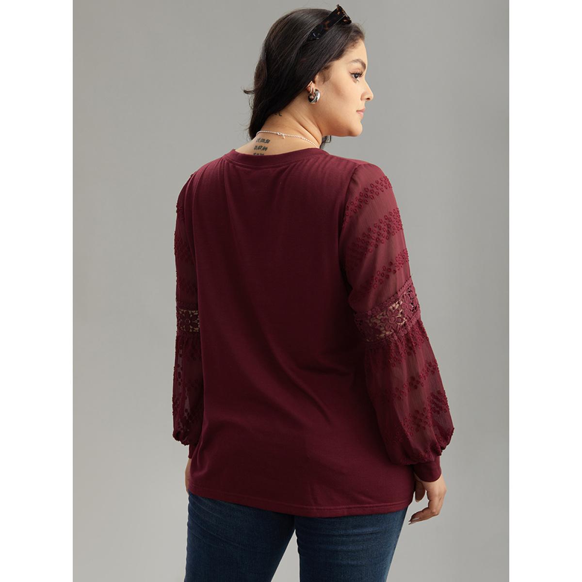 Plus Size Supersoft Essentials Solid Guipure Lace Cut Out T-shirt Burgundy Women Elegant Elastic cuffs Plain V-neck Dailywear T-shirts BloomChic 26/4X Product Image