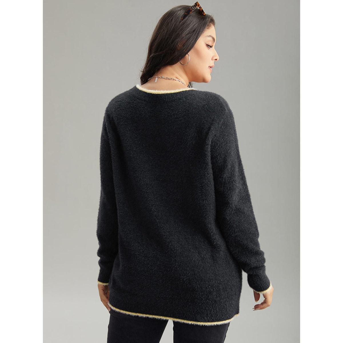 Plus Size Star Embroidered Contrast Trim Pullover Black Women Casual Loose Long Sleeve Round Neck Dailywear Pullovers BloomChic 14-16/1X Product Image