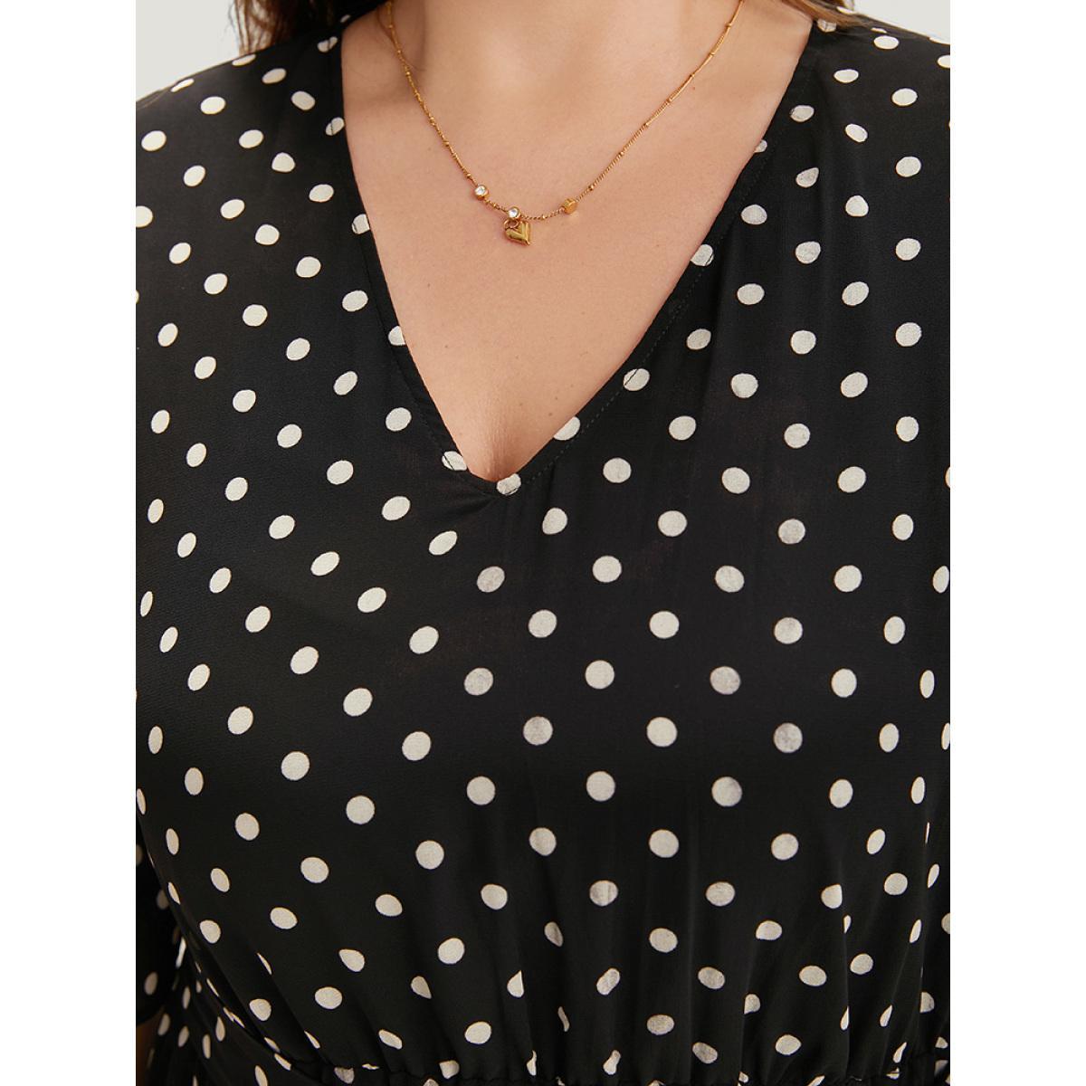 Plus Size Polka Dot Ruffles Pocket V Neck Mesh Belted Dress Black Women Elegant Lined V-neck Short sleeve Curvy Midi Dress BloomChic 28/5X Product Image