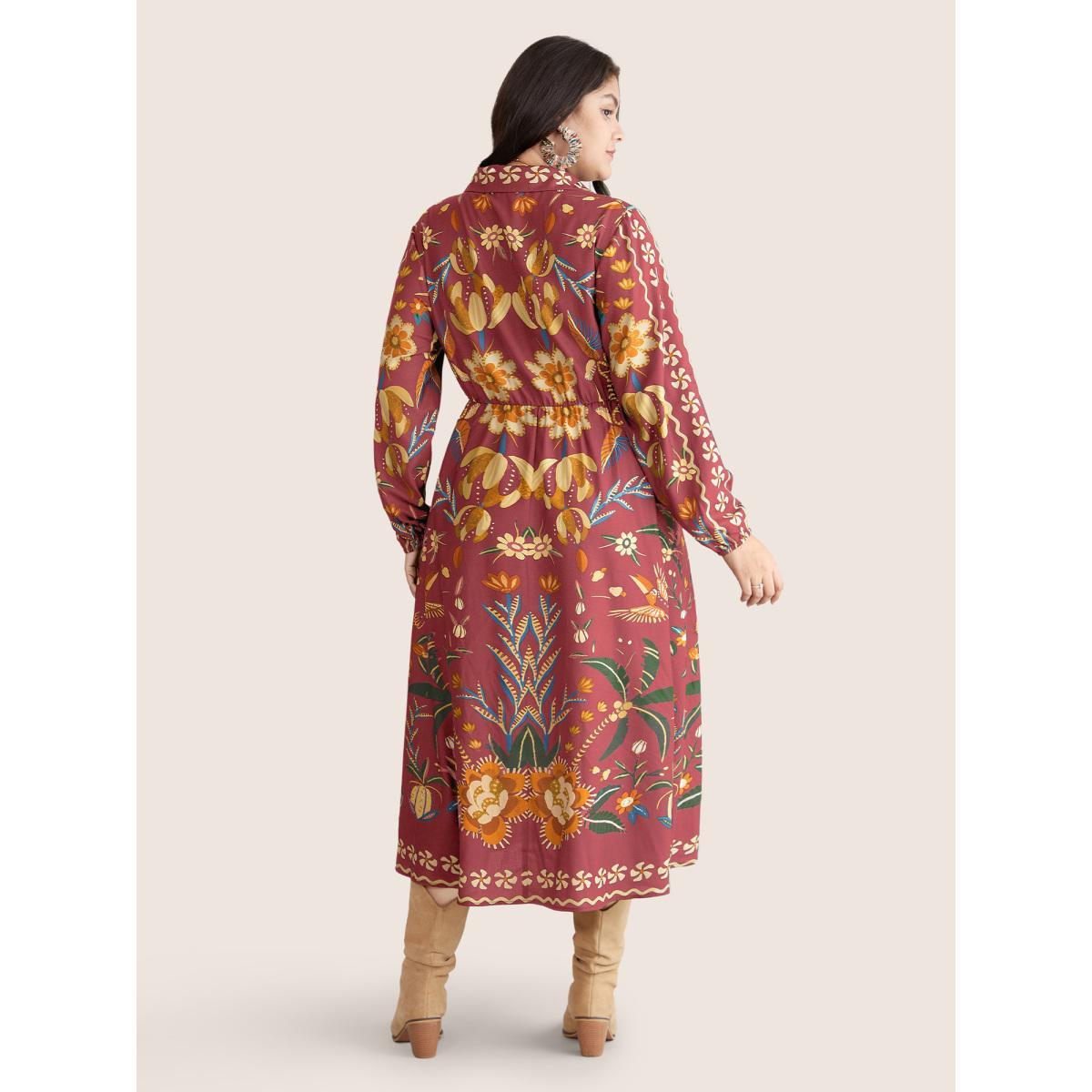 Plus Size Bandana Print Pocket Lapel Collar Elastic Cuffs Dress Watermelon Women Resort Non V-neck Long Sleeve Curvy Midi Dress BloomChic 26/4X Product Image