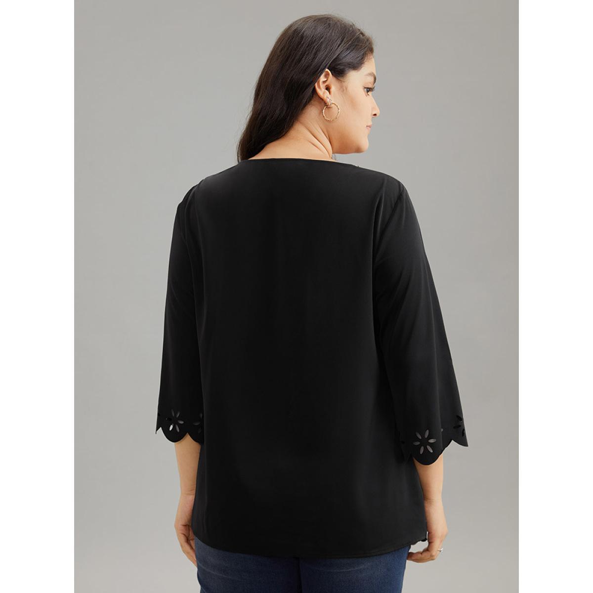 Plus Size Black Plain Laser Cut Crew Neck Scalloped Trim Blouse Women Elegant Elbow-length sleeve Round Neck Party Blouses BloomChic 14-16/1X Product Image