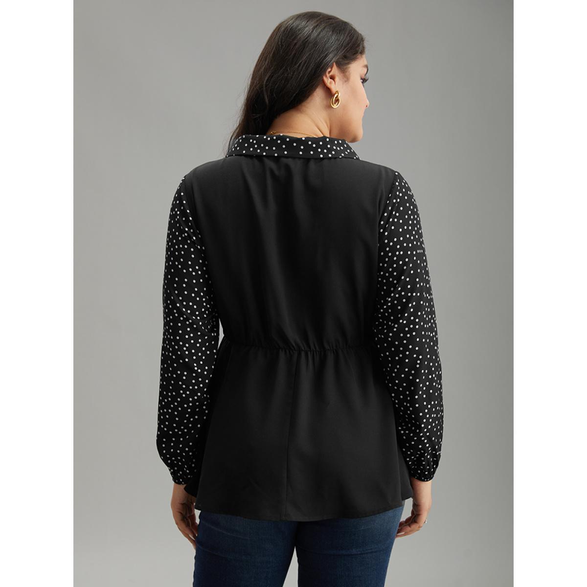 Plus Size Black Polka Dot Patchwork Lapel Collar Elastic Waist Blouse Women At the Office Long Sleeve Lapel Collar Work Blouses BloomChic 14-16/1X Product Image