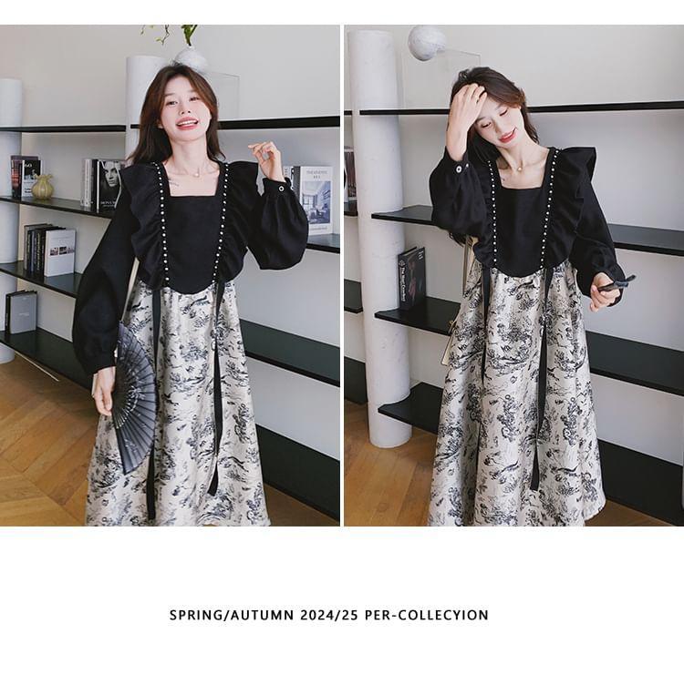 Long-Sleeve Square Neck Mock Two-Piece Print Ruffle Trim Midi A-Line Dress Product Image