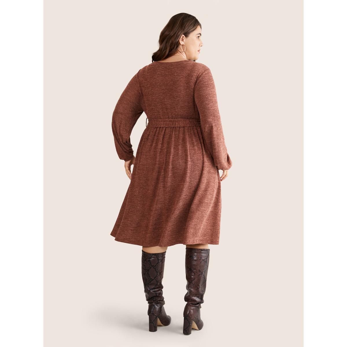 Plus Size Solid Belted Elastic Cuffs Jacquard Dress Rust Women Casual Elastic cuffs Round Neck Long Sleeve Curvy Midi Dress BloomChic 28/5X Product Image