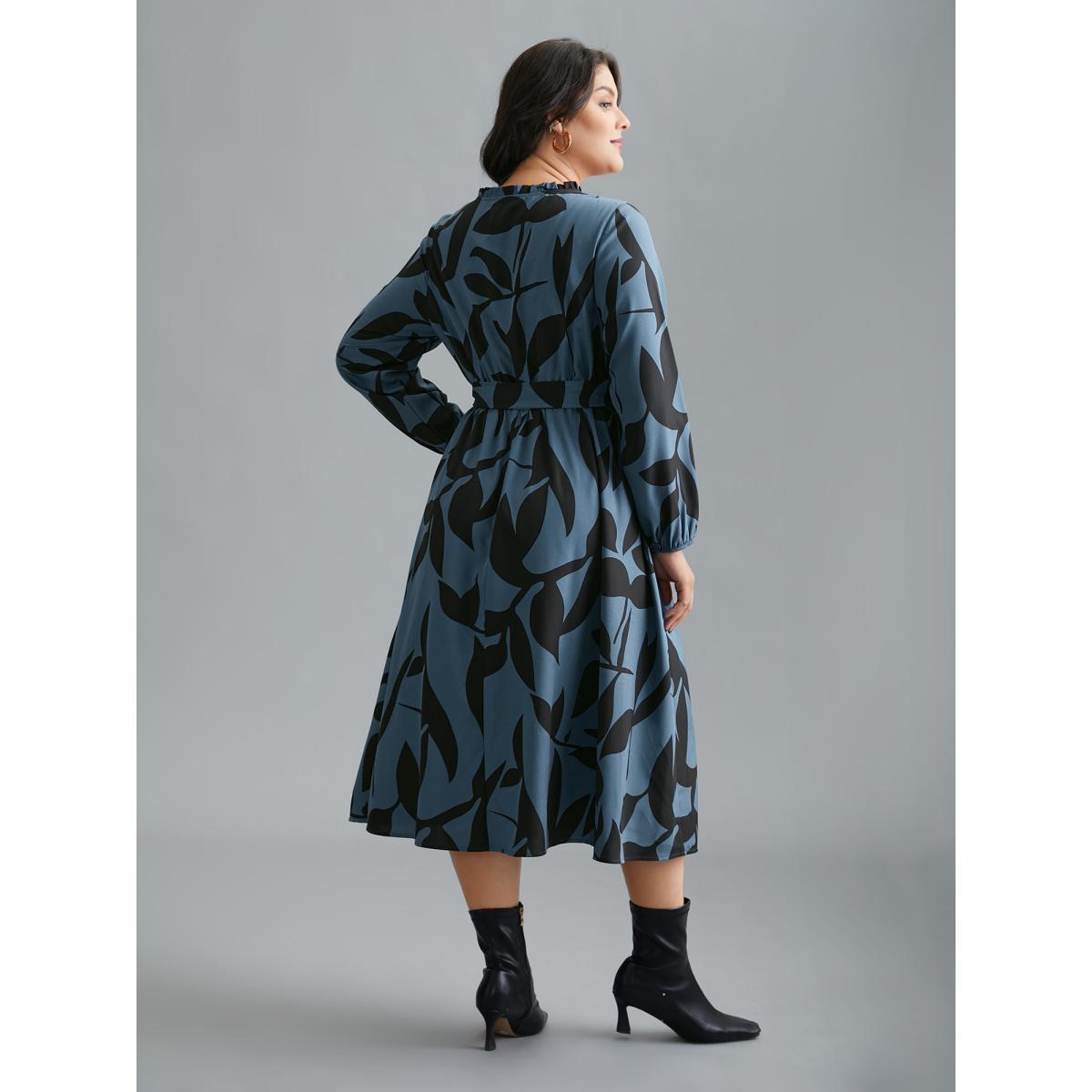 Plus Size Silhouette Floral Print Frill Trim Dress Aegean Women Elegant Belted Round Neck Long Sleeve Curvy BloomChic 30/6X Product Image