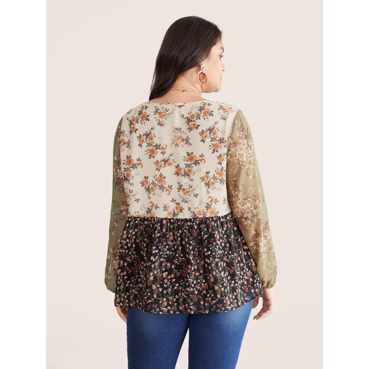 Plus Size Beige Chiffon Contrast Ditsy Floral Patchwork Blouse Women Vacation Long Sleeve V-neck Vacation Blouses BloomChic 22-24/3X Product Image