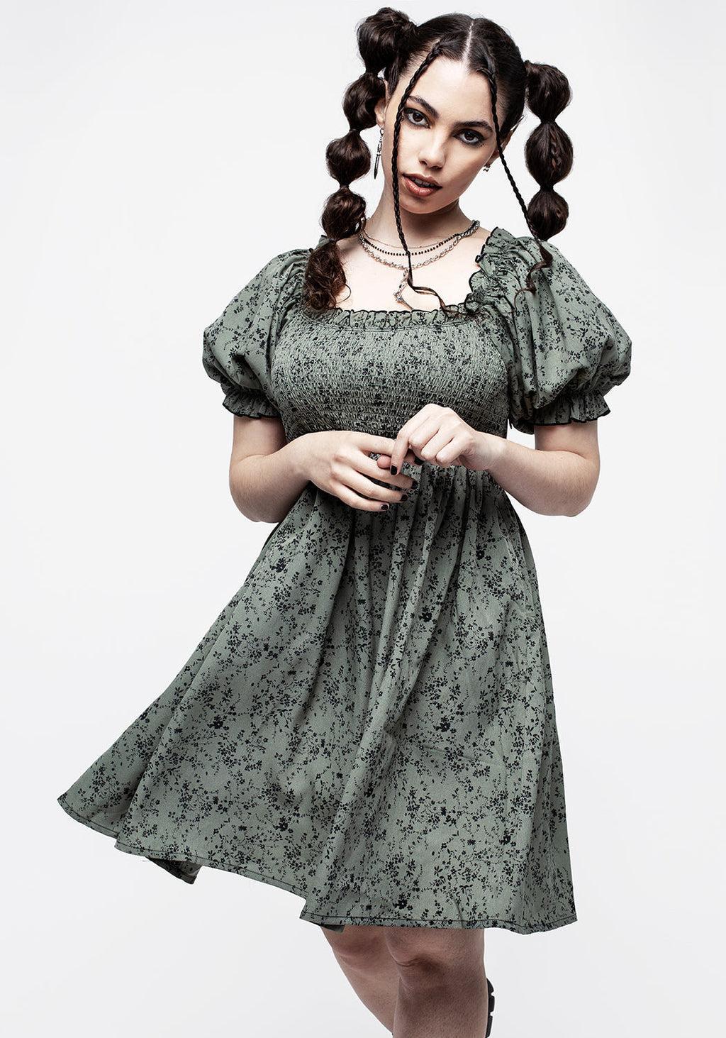 Cassie Green Floral Mini Babydoll Dress Product Image