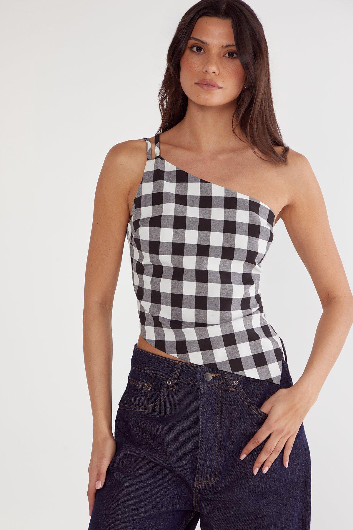 Gingham Tailored Asym Neck Top Product Image