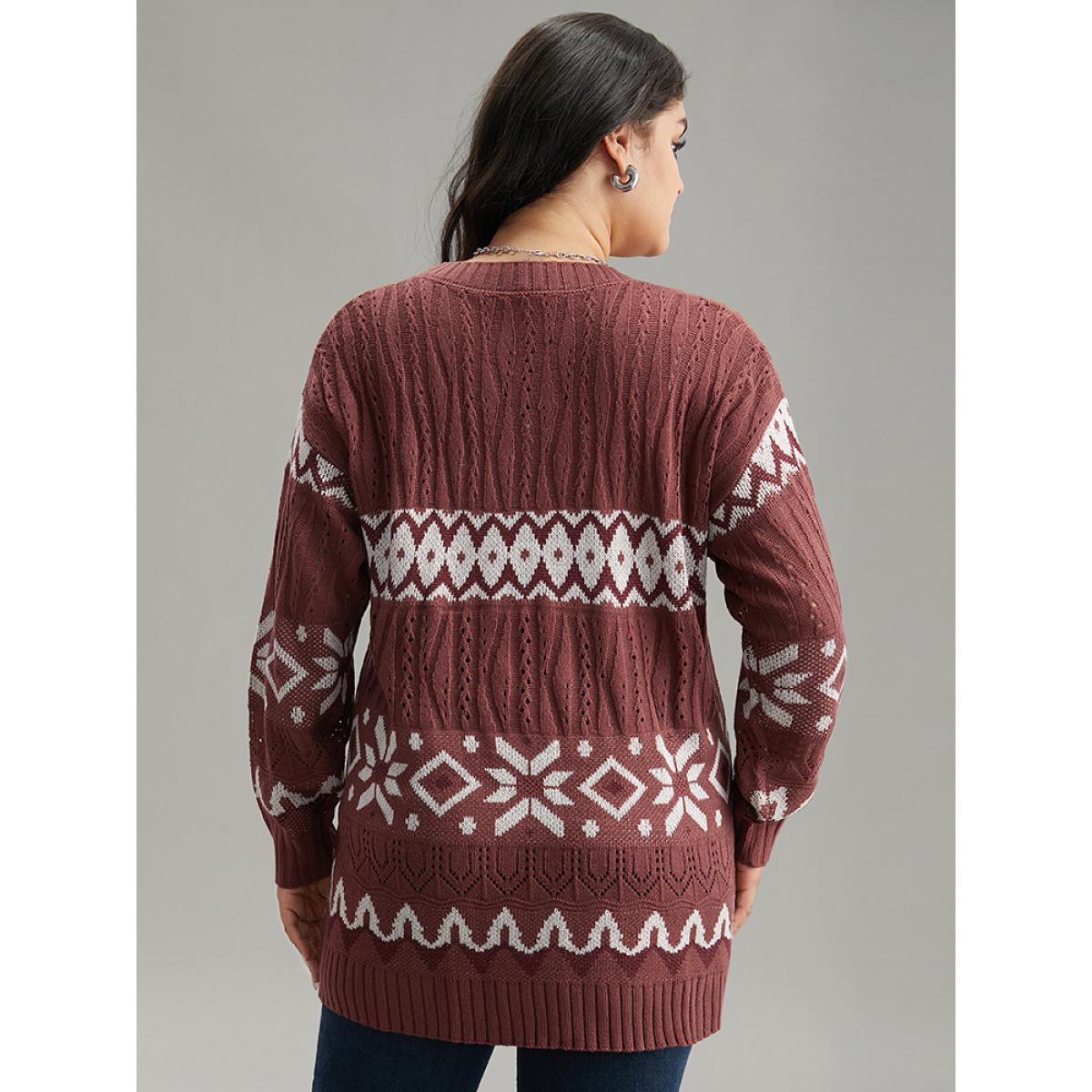 Plus Size Bandana Print Eyelet Metal Button Fly Cardigan Rust Women Casual Loose Long Sleeve Dailywear Cardigans BloomChic 22-24/3X Product Image