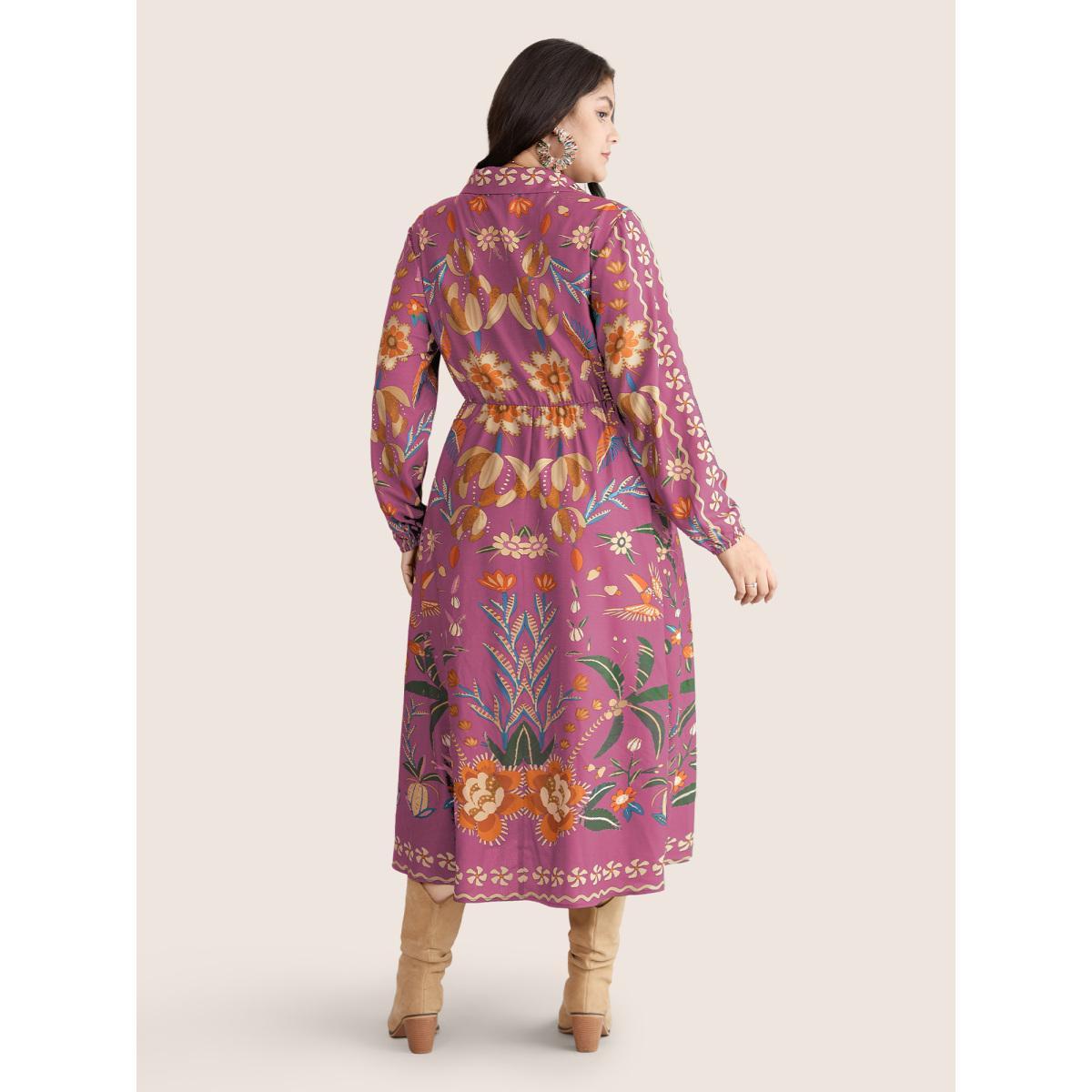 Plus Size Bandana Print Pocket Lapel Collar Elastic Cuffs Dress Lilac Women Resort Non V-neck Long Sleeve Curvy Midi Dress BloomChic 14-16/1X Product Image