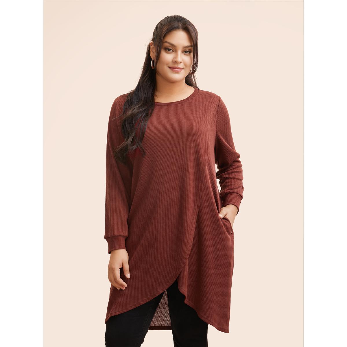 Plus Size Solid Waffle Knit Overlap Hem T-shirt Rust Women Casual Overlapping Round Neck Everyday T-shirts BloomChic 28/5X Product Image