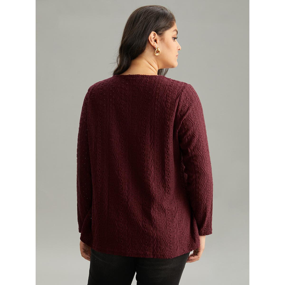 Plus Size Broderie Anglaise Button Detail Jacquard T-shirt Burgundy Women Elegant Texture Plain V-neck Dailywear T-shirts BloomChic 12/L Product Image