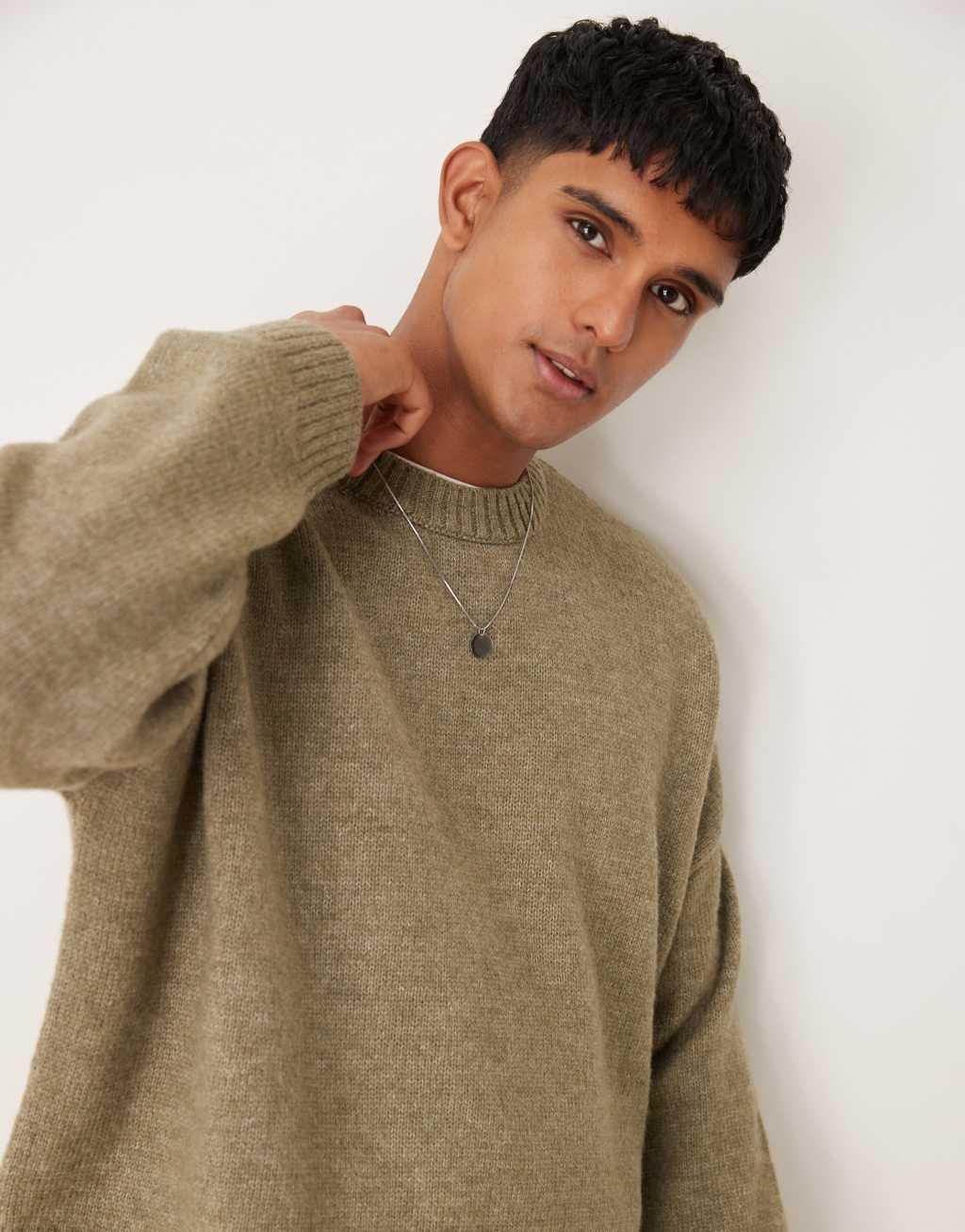 ASOS DESIGN super oversized boxy fit fluffy knit sweater in khaki heather Product Image