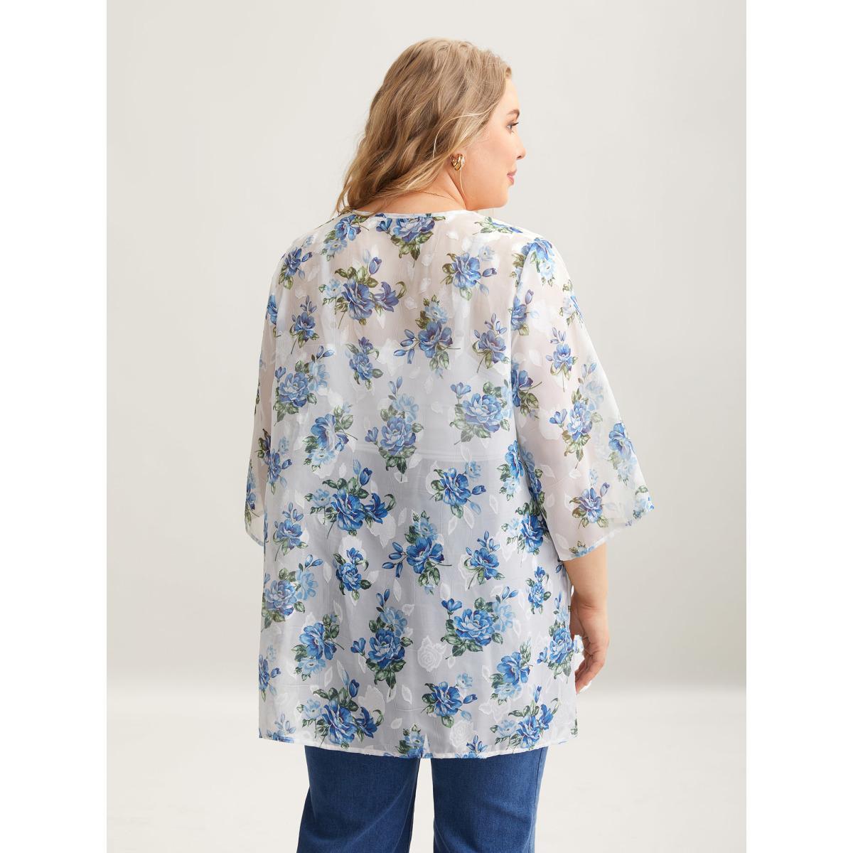 Plus Size Textured Printed Puff Sleeve Kimono Cardigan Women Originalwhite Elegant Texture Loose Everyday Kimonos BloomChic 14-16/1X Product Image