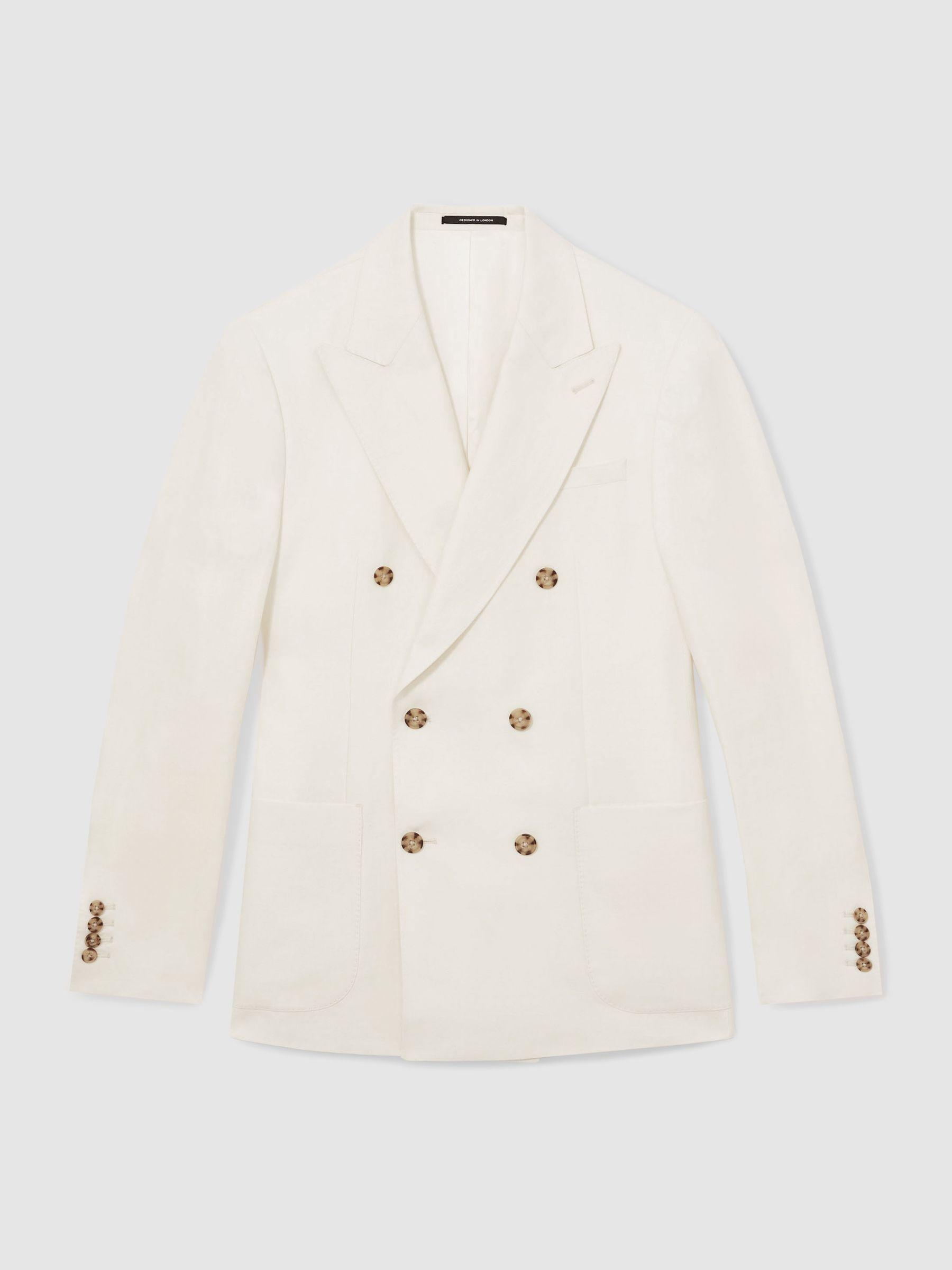 Linen Double-Breasted Suit Blazer Slim-Fit in Herringbone in White Product Image