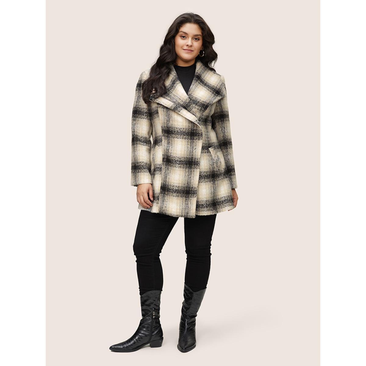 Plus Size Plaid Contrast Belted Lapel Collar Coat Women Black Casual Lined Ladies Dailywear Winter Coats BloomChic 10/M Product Image