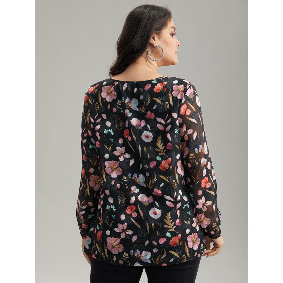 Plus Size BlackFlower Floral Print Chiffon Knot Neck Lantern Sleeve Blouse Women Elegant Long Sleeve Tie Neck Dailywear Blouses BloomChic 10/M Product Image