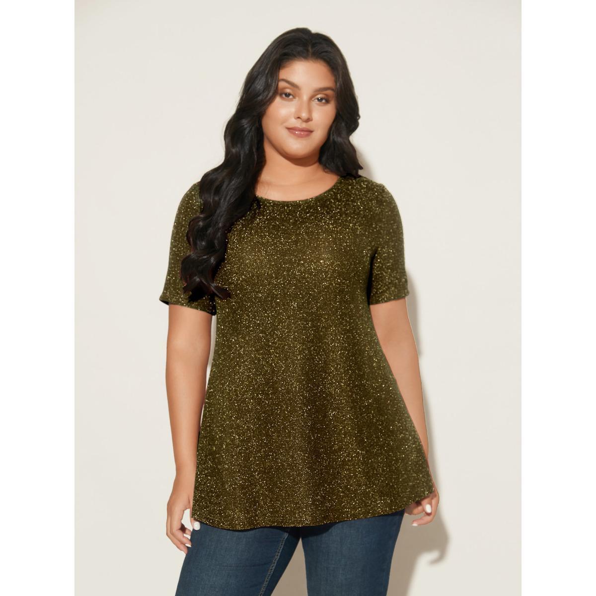 Plus Size Shimmering Gold & Silver Thread A-Line Tee Black Women Casual Non Round Neck Loose Everyday T-shirts BloomChic 10/M Product Image