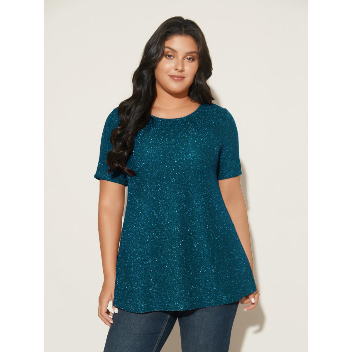 Plus Size Shimmering Gold & Silver Thread A-Line Tee Black Women Casual Non Round Neck Loose Everyday T-shirts BloomChic 10/M Product Image