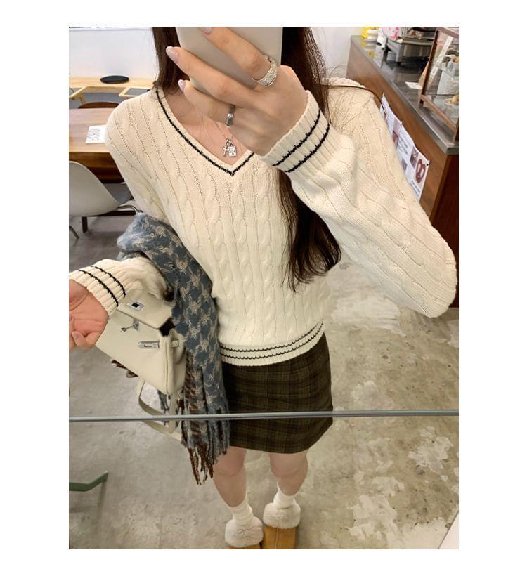 V-Neck Striped Cable Knit Sweater Product Image