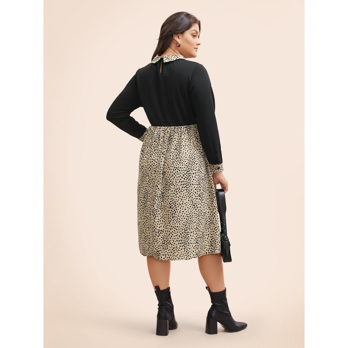 Plus Size Shirt Collar Leopard Print Patchwork Dress Tan Women At the Office Patchwork Shirt collar Long Sleeve Curvy BloomChic 18-20/2X Product Image