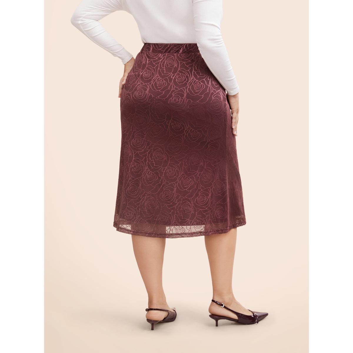 Plus Size Floral Textured Mesh Elastic Waist Skirt Women Deepred Casual See through Medium stretch Everyday Skirts BloomChic 30/6X Product Image