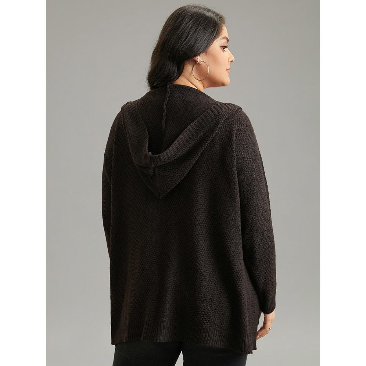 Plus Size Plain Hooded Pocket Open Front Cardigan DarkBrown Women Casual Loose Long Sleeve Dailywear Cardigans BloomChic 14-16/1X Product Image