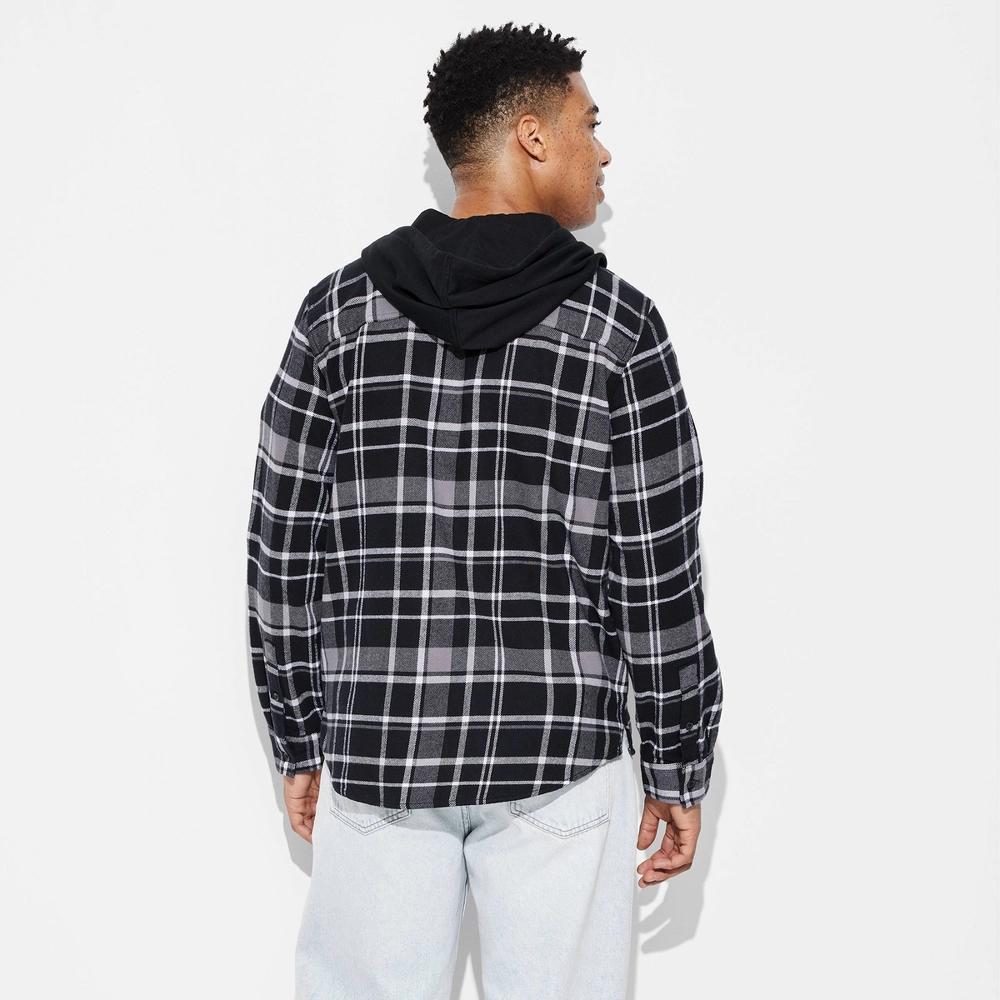 Mens Checked Hooded Long Sleeve Button-Down Shirt - Original Use Black M: Flannel, Front Pocket, Machine Washable Product Image
