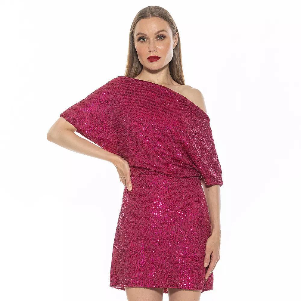 Women's ALEXIA ADMOR Suri Sequin Draped One Shoulder A Line Mini Dress, Size: Small, Silver Product Image