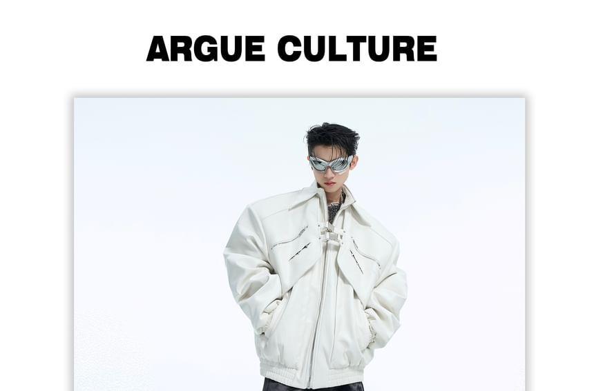 Collar Plain Buckled Faux Leather Zip Jacket Product Image