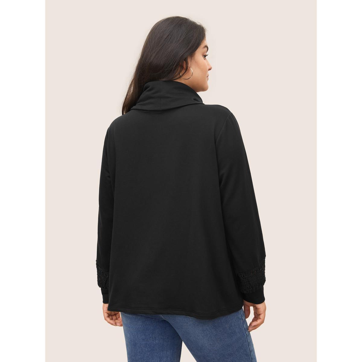 Plus Size Plain Turtle Neck Crochet Lace Sweatshirt Women Black Casual Non Turtleneck Everyday Sweatshirts BloomChic 12/L Product Image