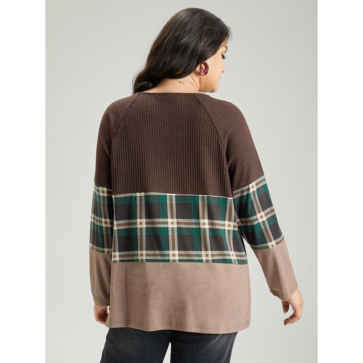 Plus Size Colorblock Plaid Patchwork Button Detail T-shirt DarkBrown Women Casual Contrast Plaid Round Neck Festival-Christmas T-shirts BloomChic 26/4X Product Image