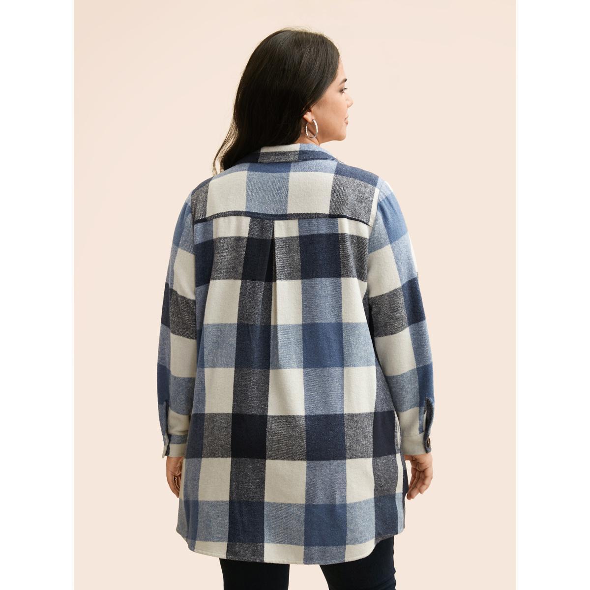 Plus Size Plaid Chest Pockets Long Jacket Women LightBlue Button Loose Side seam pocket Everyday Jackets BloomChic 14-16/1X Product Image