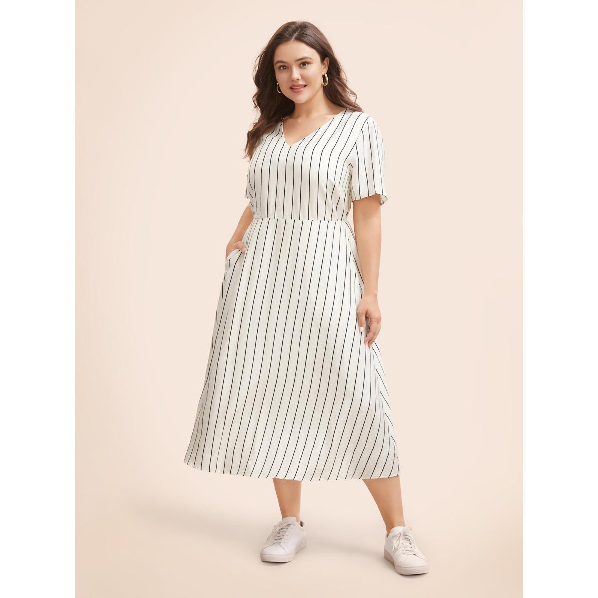 Plus Size Striped V Neck Pocket Midi Dress Ivory Women Casual Non V-neck Short sleeve Curvy BloomChic 26/4X Product Image