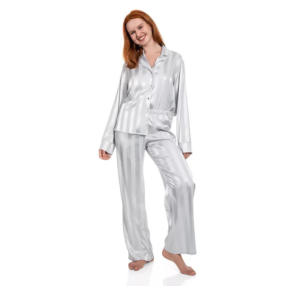 Women's Lilac+London Long Satin Notch Collar Pajama Top & Pajama Bottoms Set, Size: XXL LONG, Red Product Image