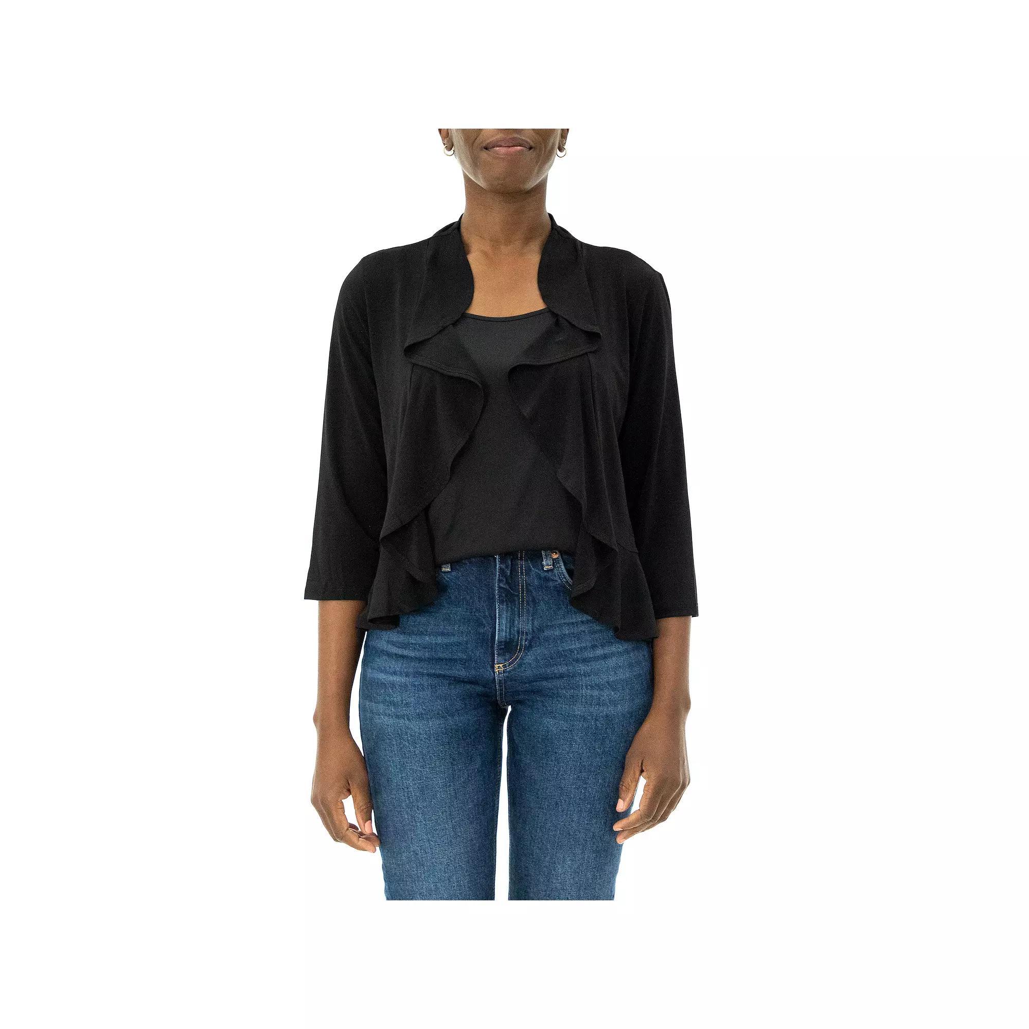Women's Nina Leonard Ruffle Open-Front Cardigan, Size: Large, Black Product Image