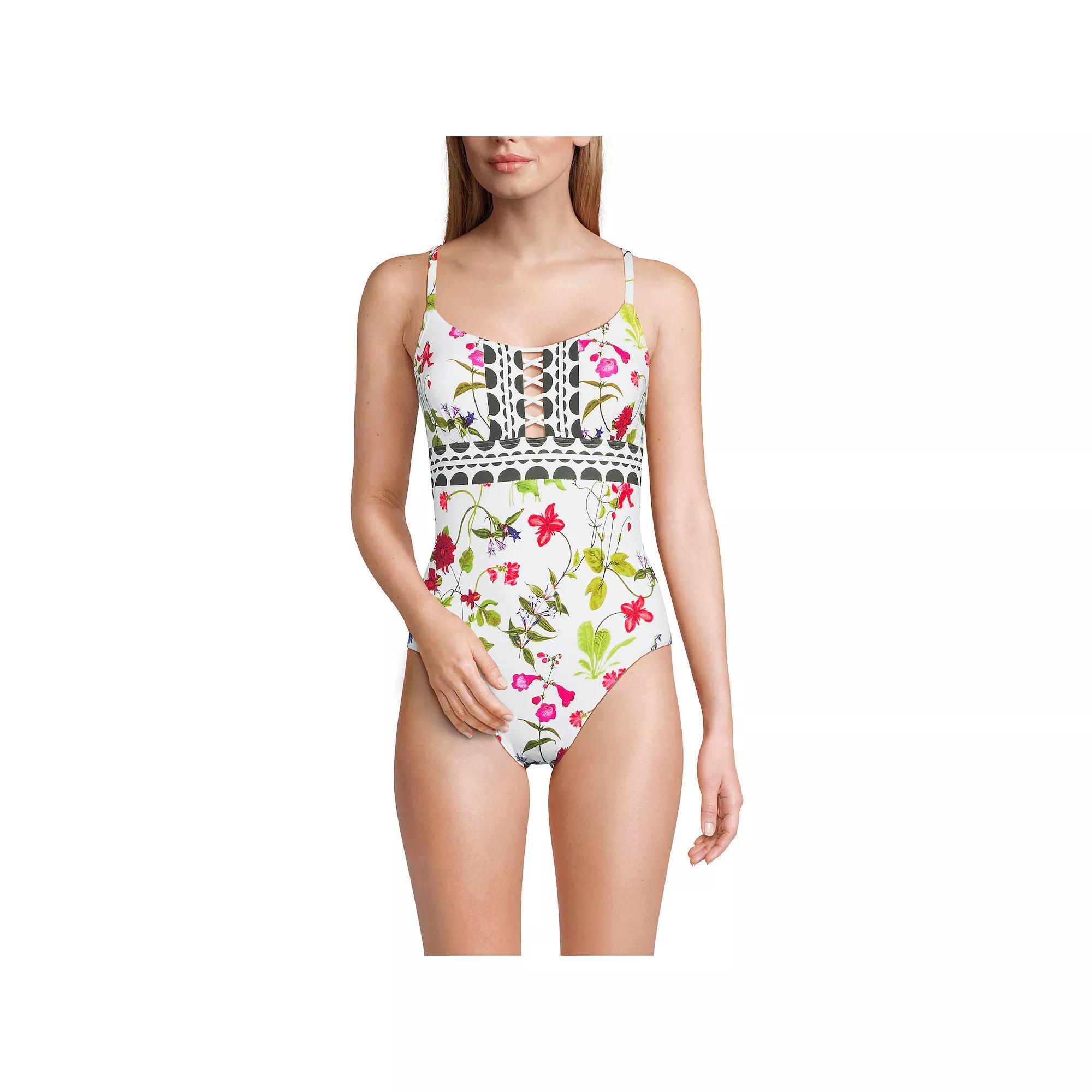 Women's Lands' End Front Lace-Up Scoopneck One-Piece Swimsuit, Size: 4, White Garden Floral Product Image