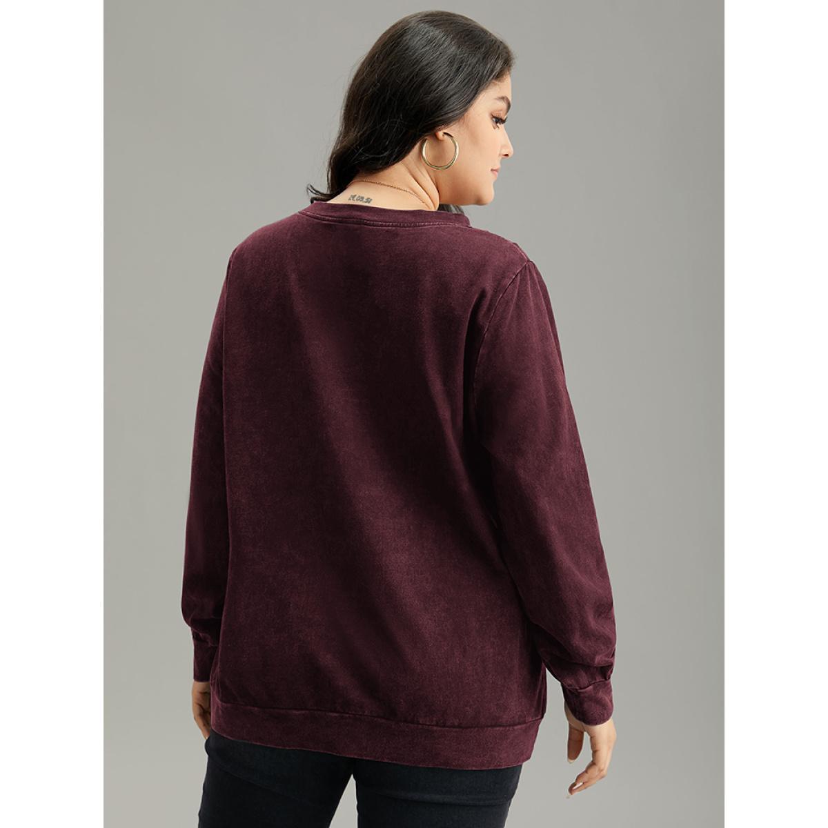 Plus Size Solid Letter Print Crew Neck Sweatshirt Women Burgundy Casual Printed Dailywear Sweatshirts BloomChic 10/M Product Image