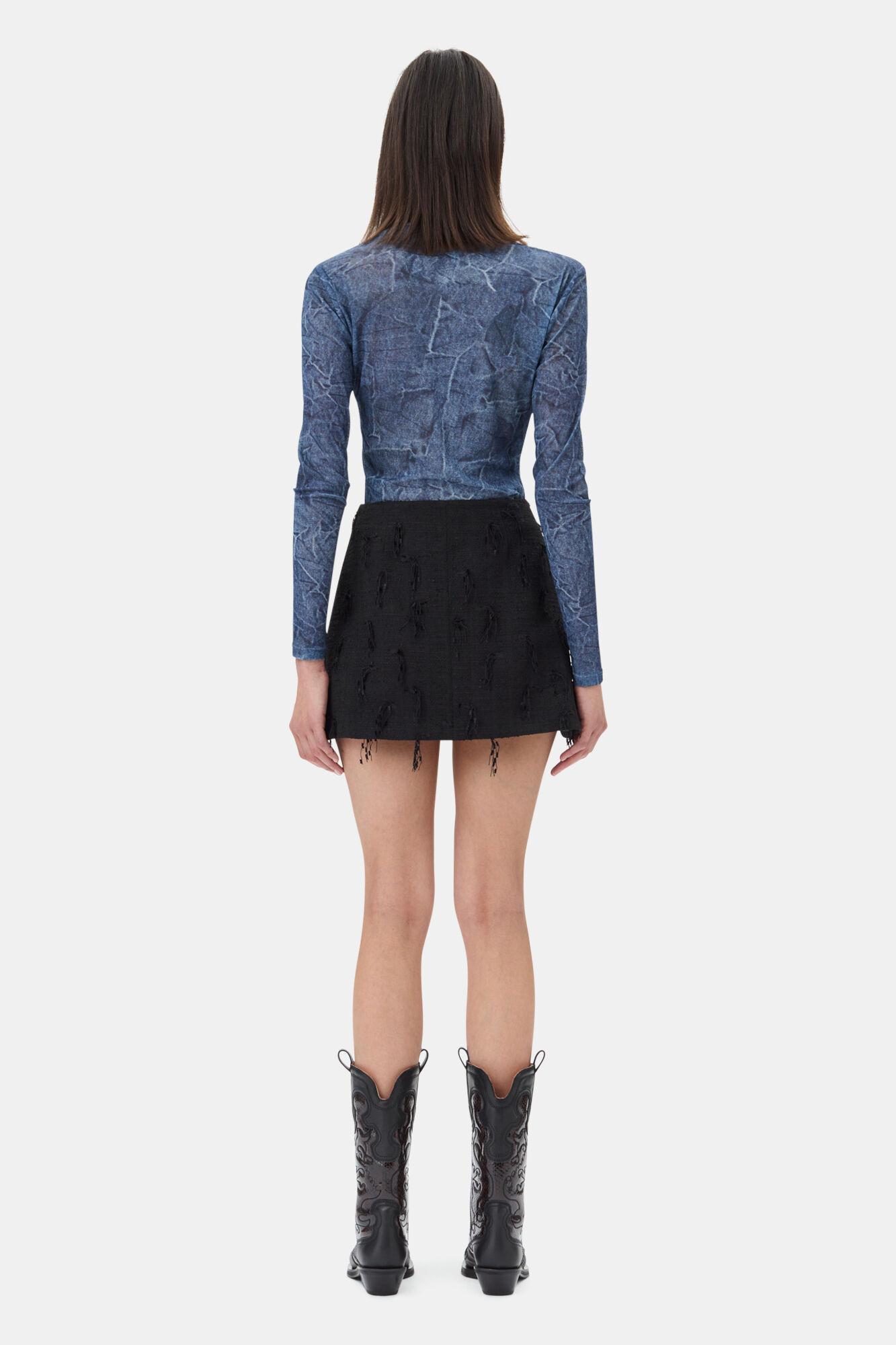 Blue Printed Mesh Long Sleeve Blouse Product Image