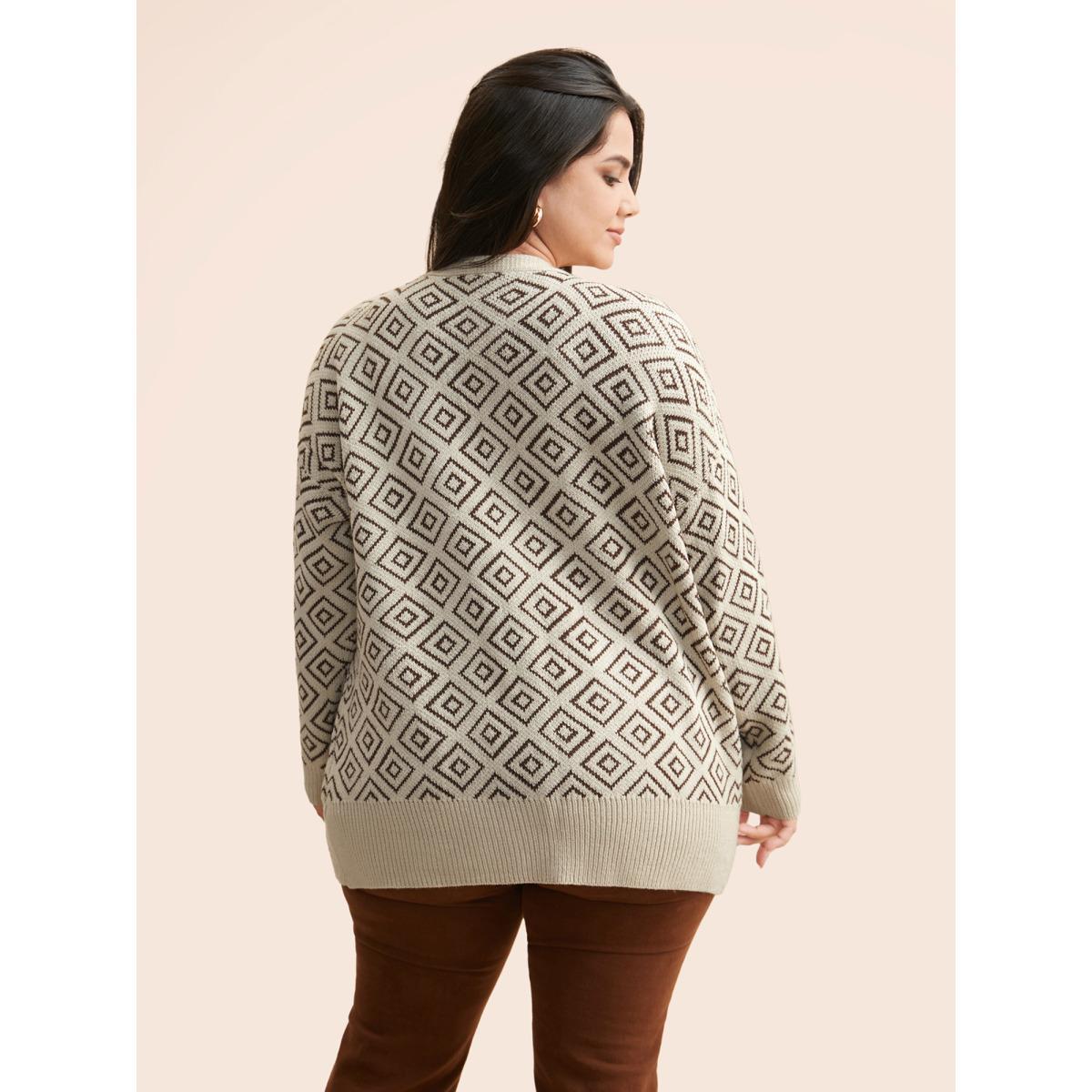 Plus Size Geometric Drop Shoulder Patch Pocket Cardigan WhiteSmoke Women Casual Loose Long Sleeve Everyday Cardigans BloomChic 18-20/2X Product Image