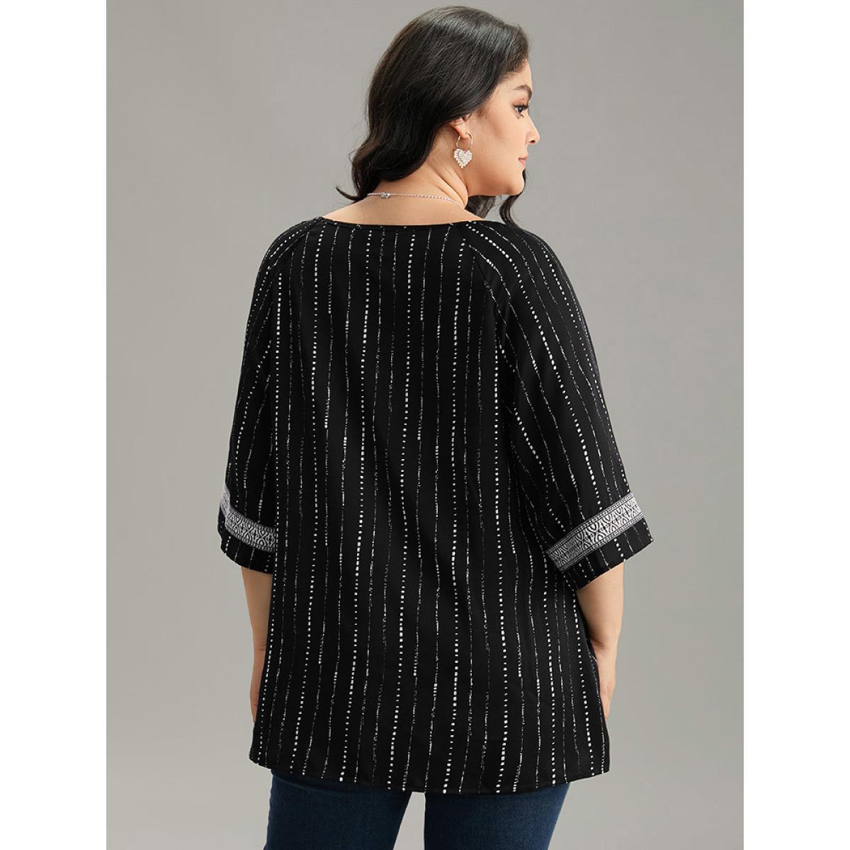 Plus Size BlackFlower Bandana Contrast Webbing Raglan Sleeve Blouse Women Vacation Elbow-length sleeve V-neck Vacation Blouses BloomChic 12/L Product Image