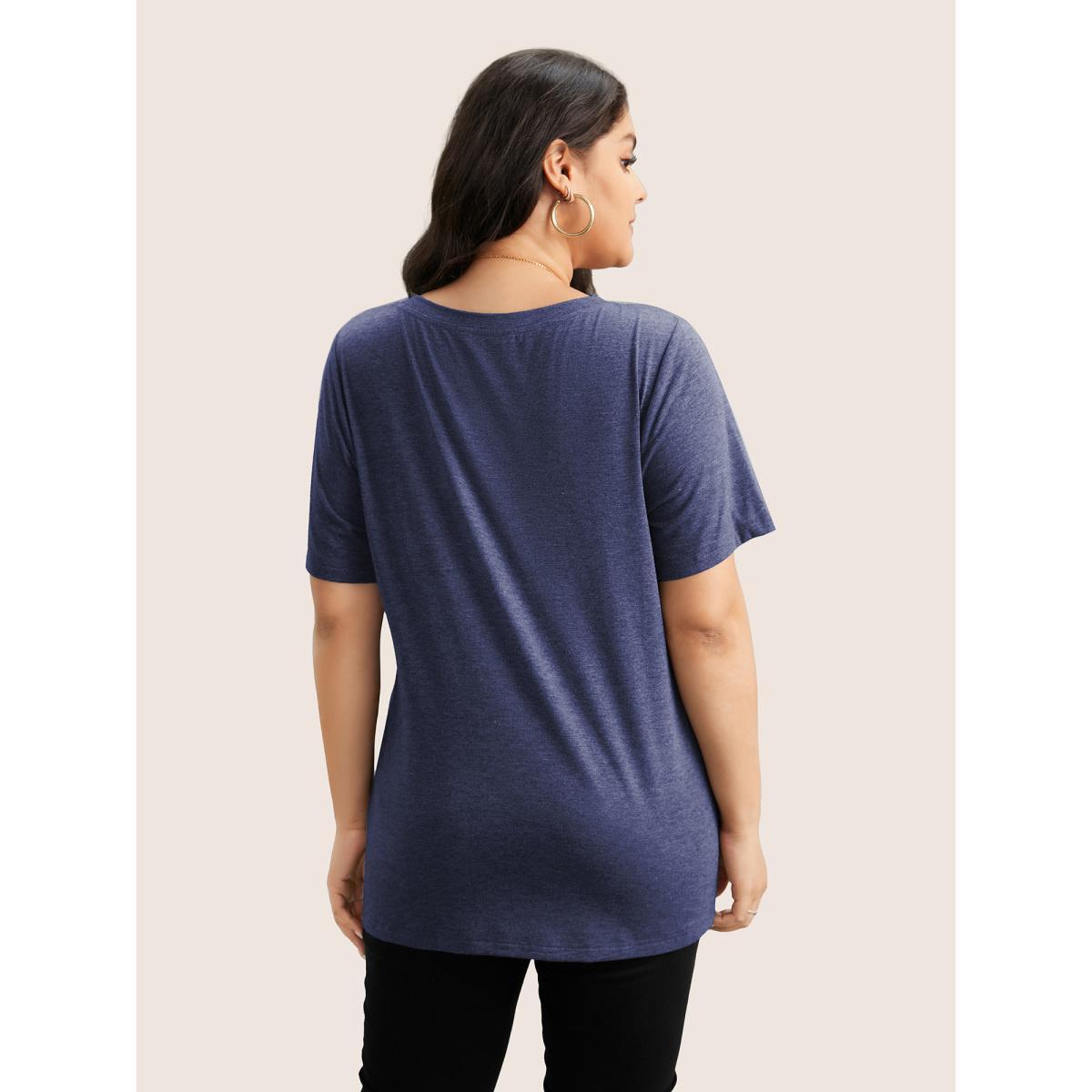 Plus Size Moon and Star Print V Neck T-shirt DarkBlue Women Casual Non Star and moon V-neck Everyday T-shirts BloomChic 12/L Product Image