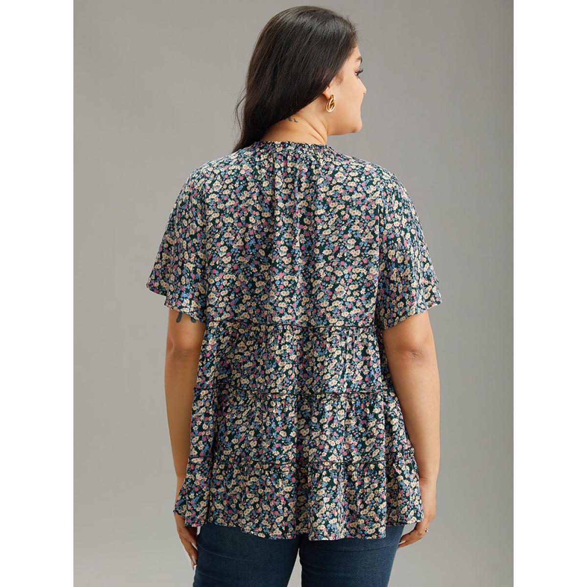 Plus Size DarkGreen Ditsy Floral Frill Trim Shirred Mock Neck Blouse Women Elegant Short sleeve Halter neck Dailywear Blouses BloomChic 12/L Product Image