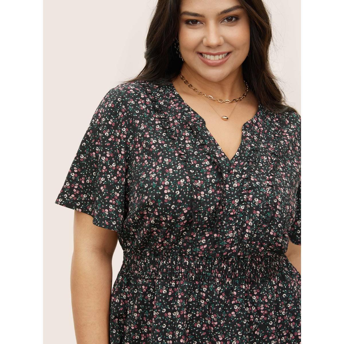 Plus Size Black Ditsy Floral Shirred Frill Trim Blouse Women Elegant Short sleeve Notched collar Everyday Blouses BloomChic 10/M Product Image