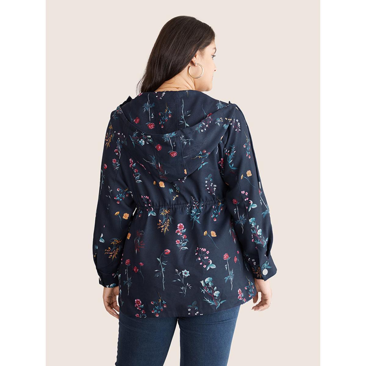 Plus Size Plants Drawstring Hooded Zipper Jacket Women Indigo Lined Pocket Dailywear Jackets BloomChic 22-24/3X Product Image