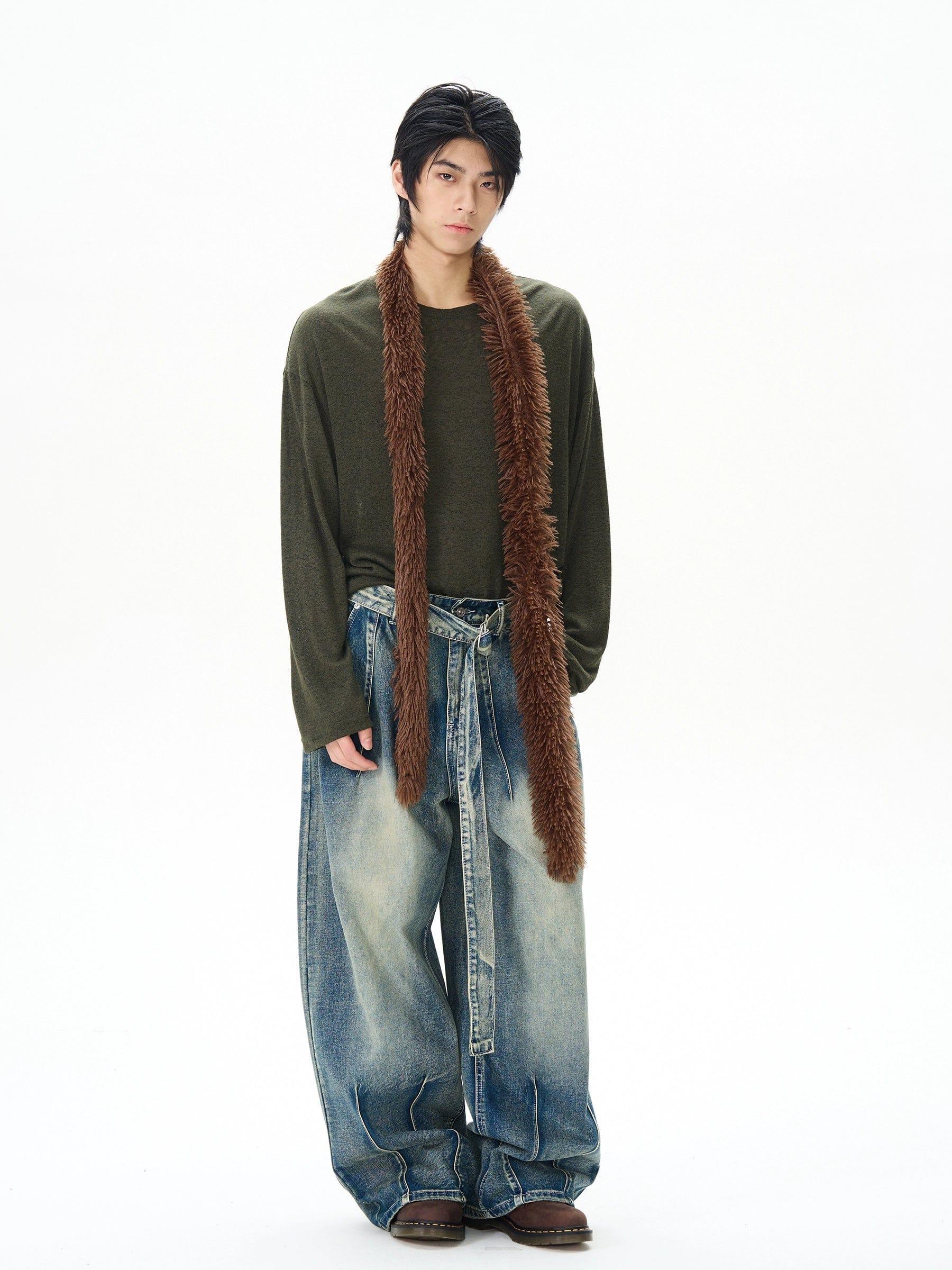 RT No. 12159 WASHED DENIM PLEATED STRAIGHT JEANS Product Image