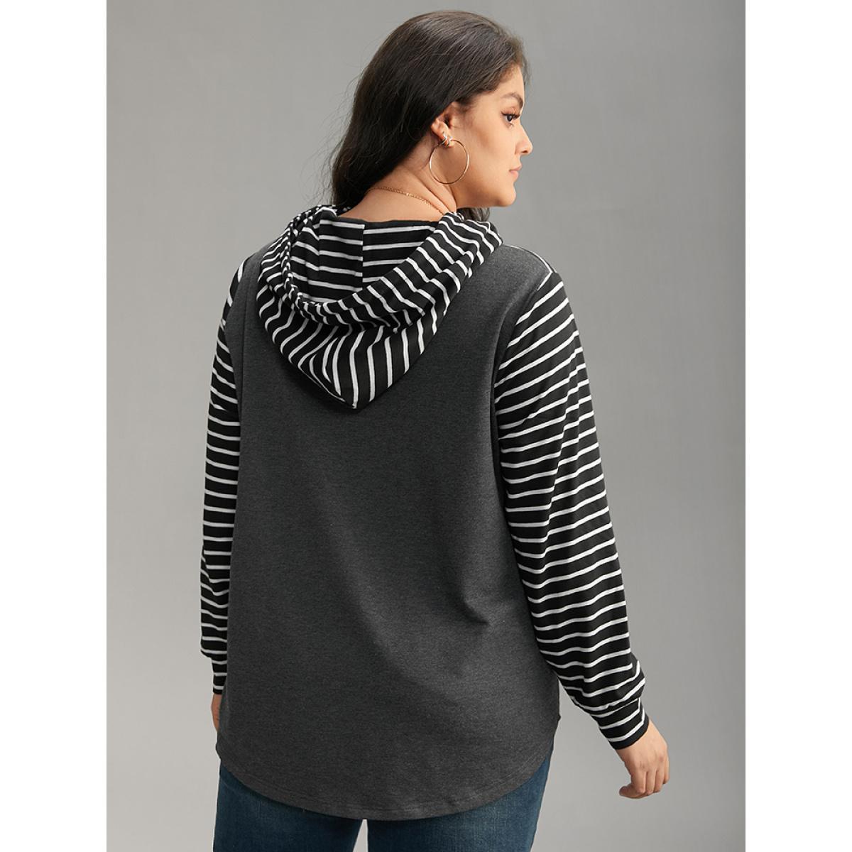 Plus Size Striped Patchwork Hooded Pocket Drawstring Sweatshirt Women DimGray Casual Contrast Hooded Everyday Sweatshirts BloomChic 10/M Product Image
